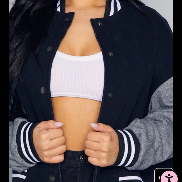 Petite Black Denim Contrast Varsity Jacket - Picture 4 of 5